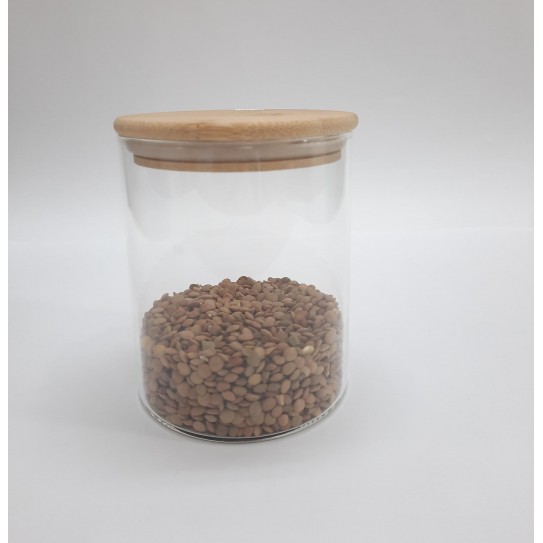 FRASCO REDONDO DE VIDRIO CHICO CON TAPA DE MADERA  700ML