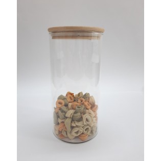 FRASCO REDONDO DE VIDRIO MEDIANO, CON TAPA DE MADERA 1200ML