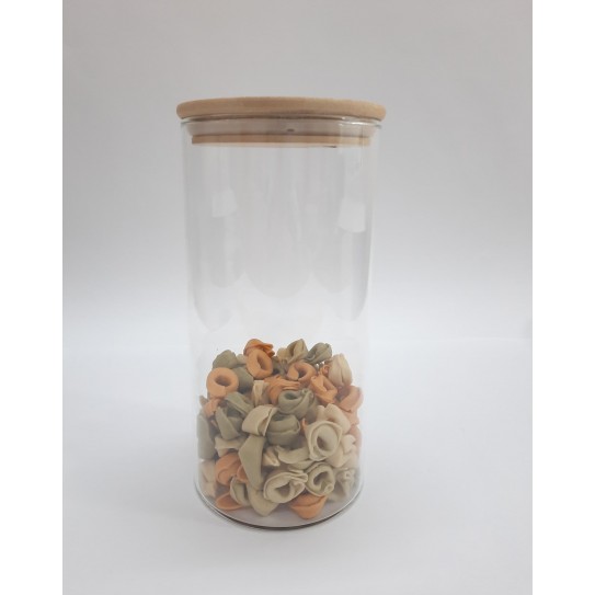 FRASCO REDONDO DE VIDRIO MEDIANO, CON TAPA DE MADERA 1200ML