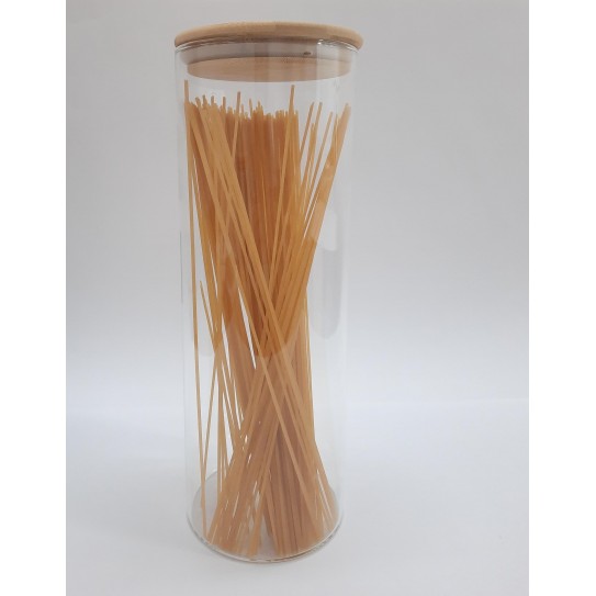 FRASCO REDONDO DE VIDRIO GRANDE,  CON TAPA DE MADERA 1800ML