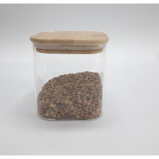 FRASCO CUADRADO DE VIDRIO CHICO, CON TAPA DE MADERA 900ML