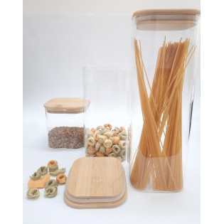 FRASCO CUADRADO DE VIDRIO CHICO, CON TAPA DE MADERA 900ML 2