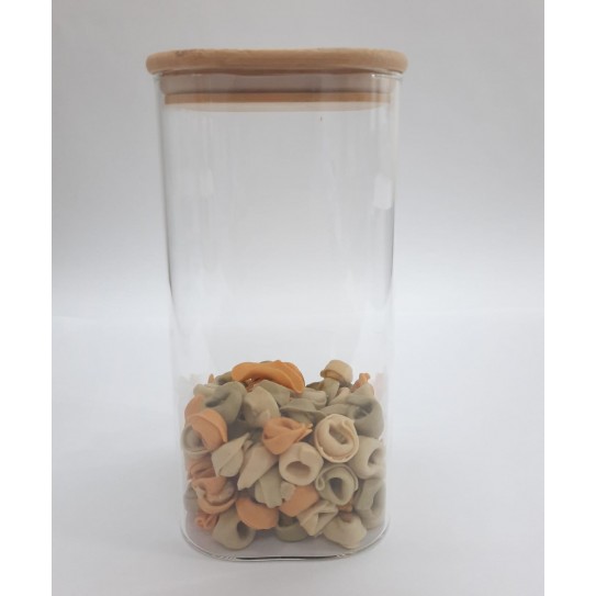 FRASCO CUADRADO DE VIDRIO MEDIANO, CON TAPA DE MADERA 1500ML