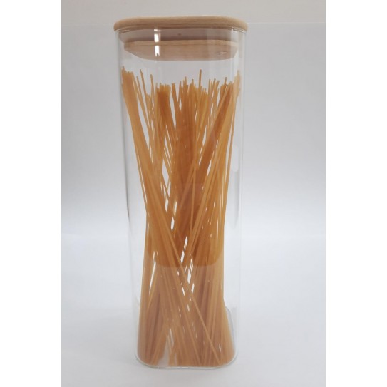 FRASCO CUADRADO DE VIDRIO GRANDE, CON TAPA DE MADERA 28.5 X 10CM