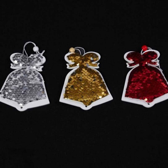 COLGANTE CAMPANA LENTEJUELAS. 3 COLORES. 11 X 9,5 CM