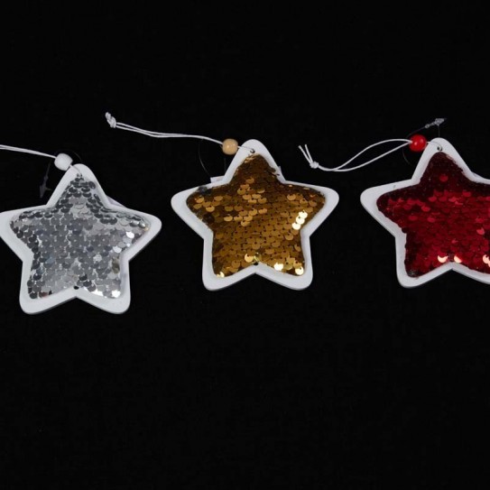 COLGANTE ESTRELLA LENTEJUELAS. 3 COLORES. 11 X 9,5 CM