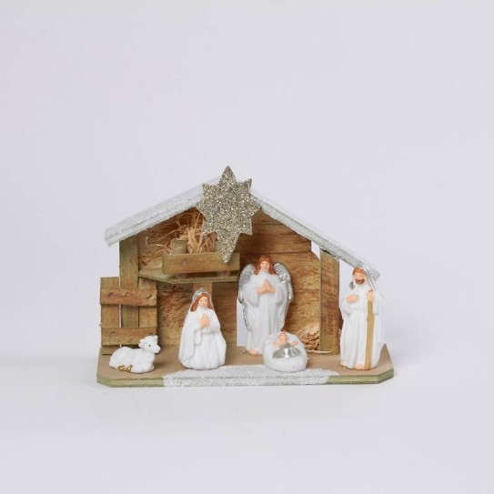 PESEBRE MADERA 5 FIGURAS BLANCO. 22 X 16 X 8 CM